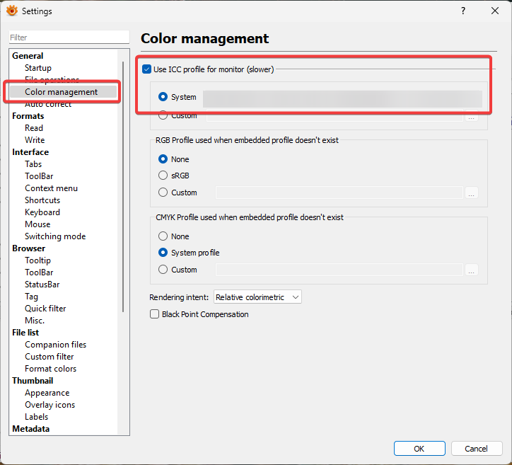 XnViewMP CMS (angl.: Color Management System) nustatymai